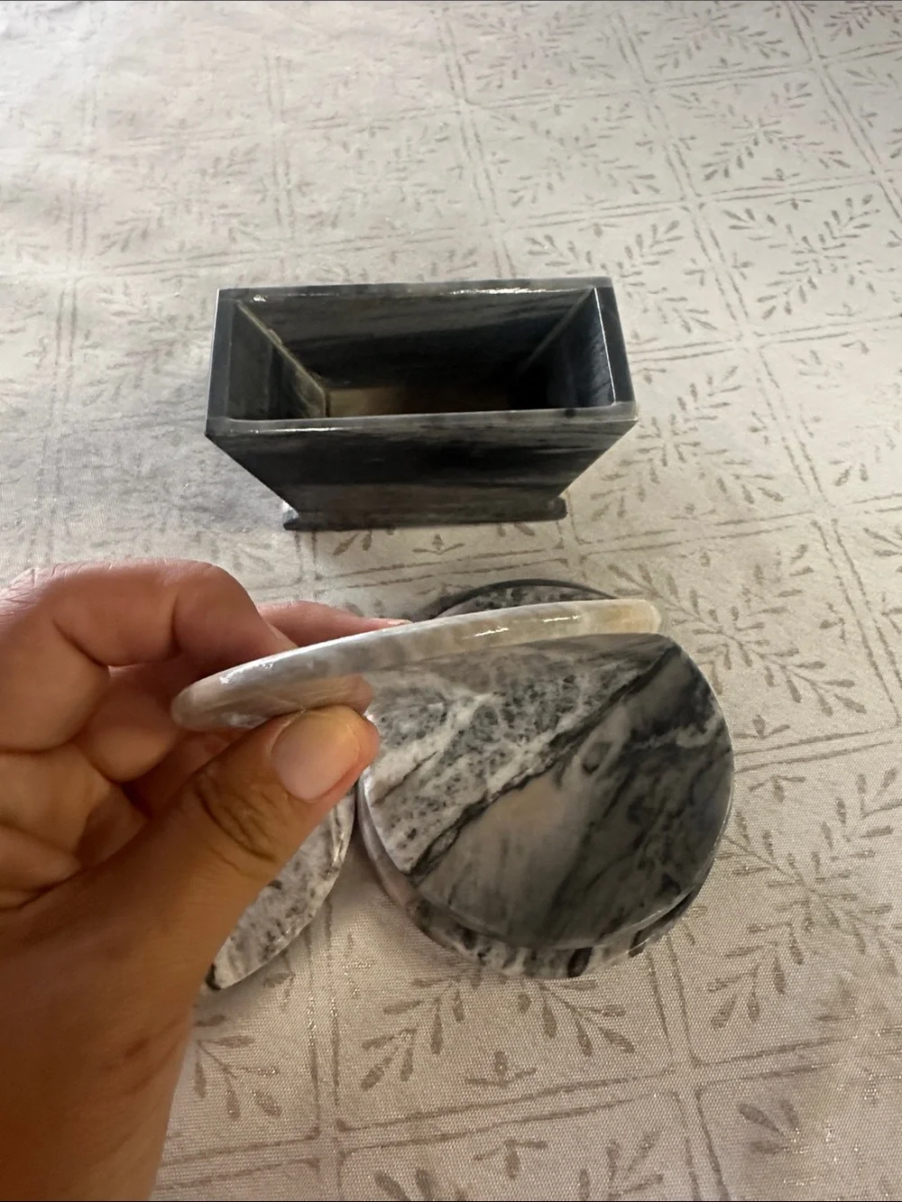 Marble Round Coaster Set with Holder - Black and White Marble
